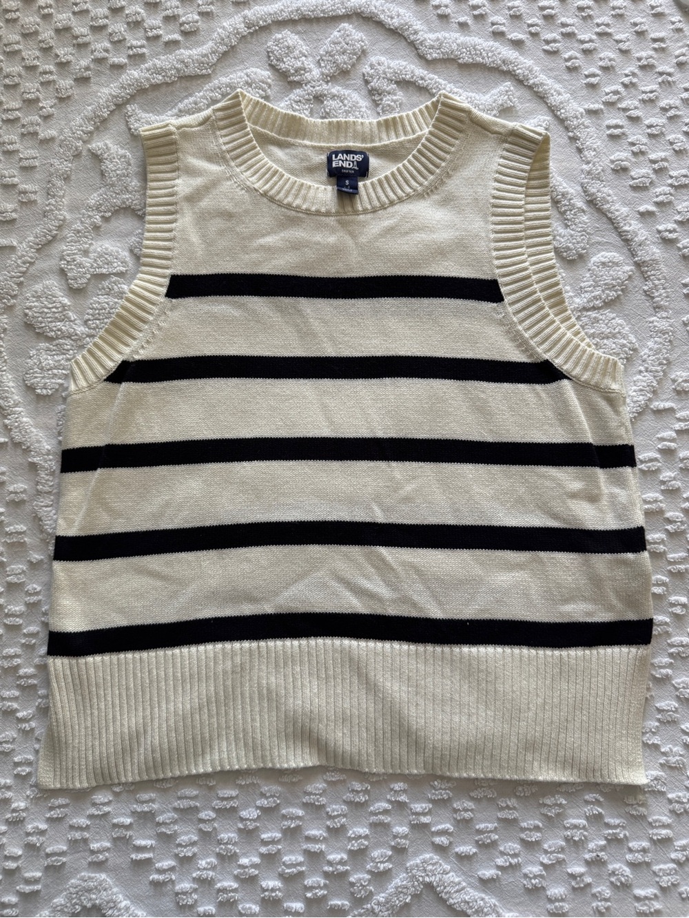 Lands End Small Drifter Cotton Sleeveless Sweater Vest Black Cream Stripe NEW
